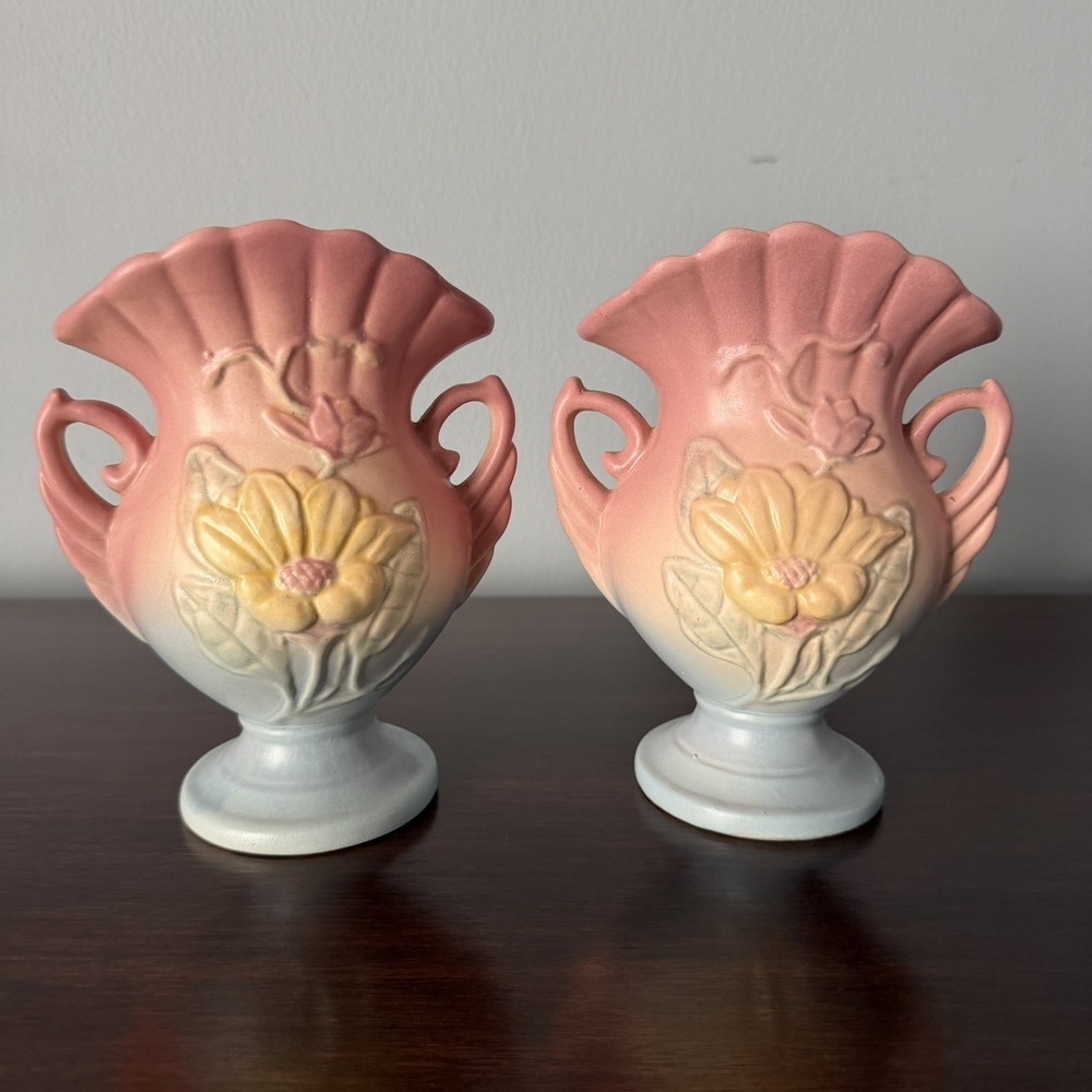 Hull Art Pottery Magnolia Double Handled Vase ~ Collectible Vase 1940's set of 2